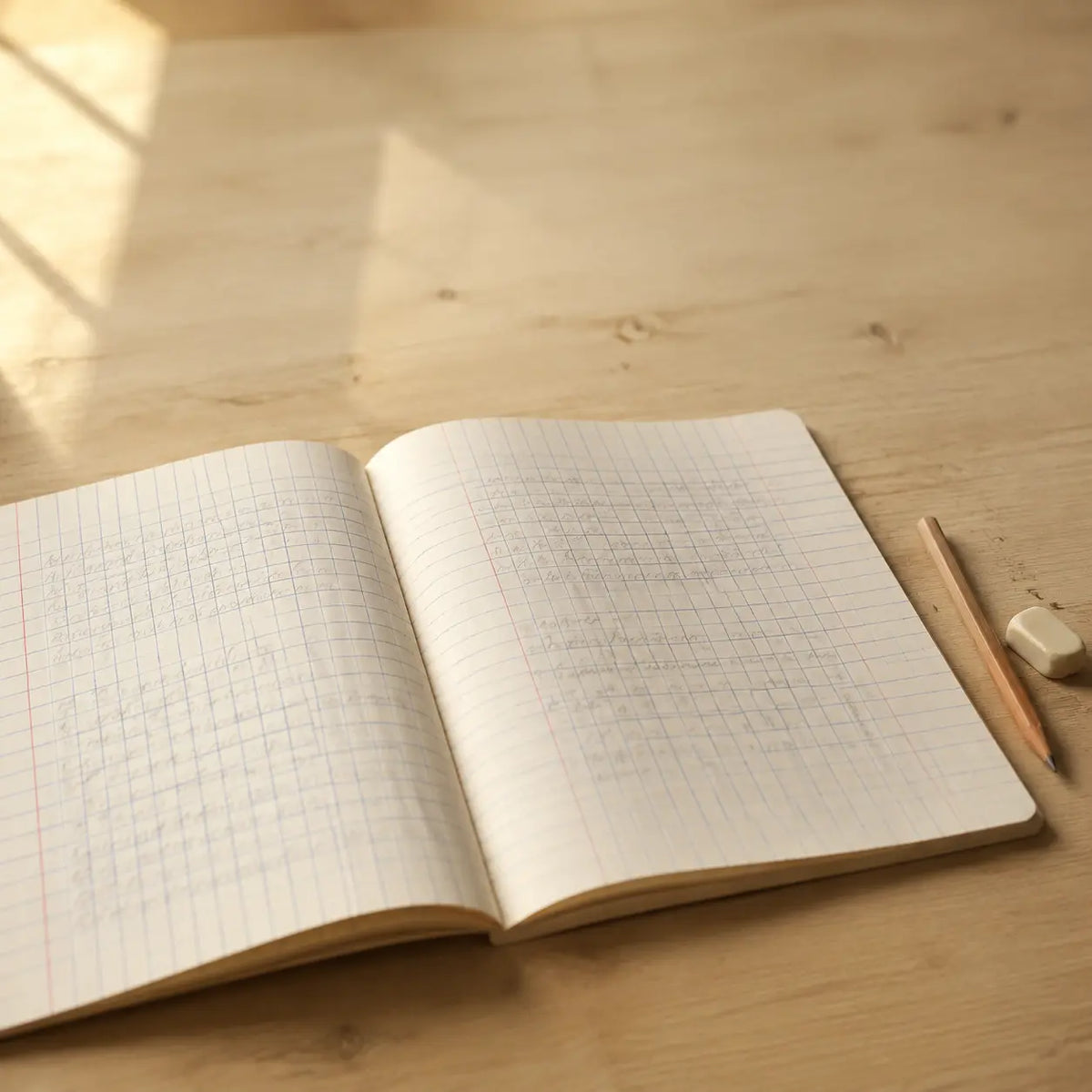 Un cahier d'écolier ouvert sur un exercice, en fin de journée